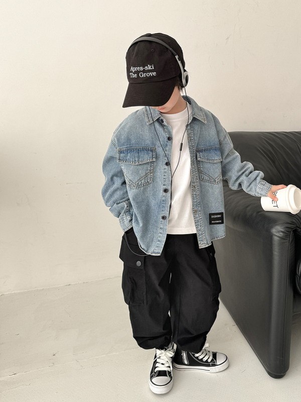 Дънкова риза за момчета, корейски стил, яка с лапел, 100% памук, пролет-есен, за деца над 8 години