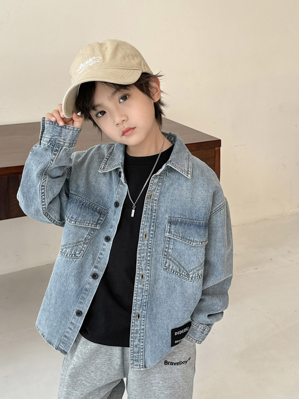 Дънкова риза за момчета, корейски стил, яка с лапел, 100% памук, пролет-есен, за деца над 8 години