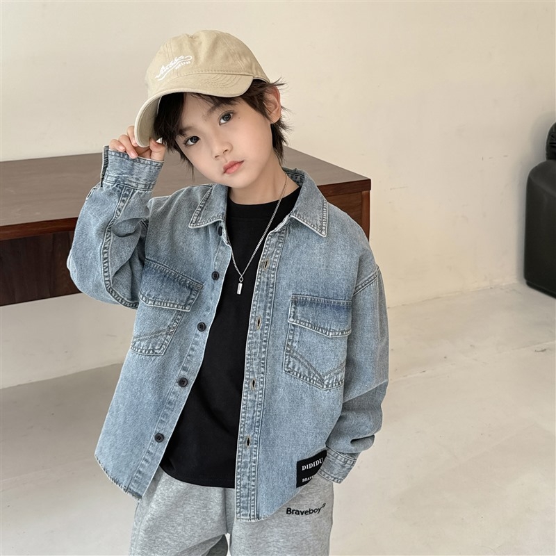 Дънкова риза за момчета, корейски стил, яка с лапел, 100% памук, пролет-есен, за деца над 8 години