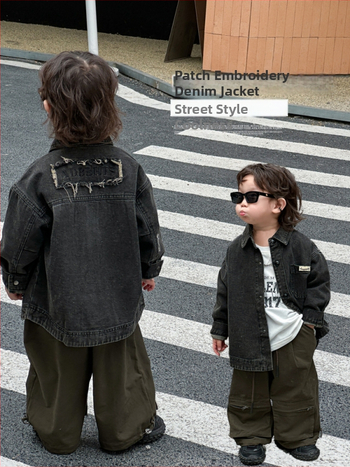 Vaikų džinsinė striukė, korėjietiško stiliaus, 100% medvilnė, be gobtuvo, vienos eilės užsegimas