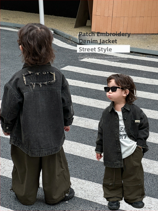 Vaikų džinsinė striukė, korėjietiško stiliaus, 100% medvilnė, be gobtuvo, vienos eilės užsegimas