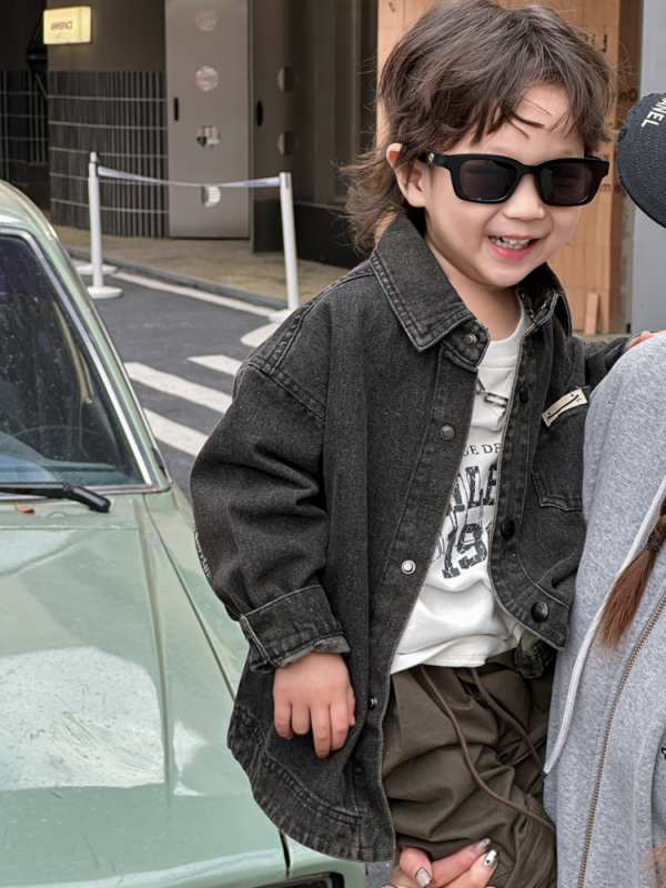 Vaikų džinsinė striukė, korėjietiško stiliaus, 100% medvilnė, be gobtuvo, vienos eilės užsegimas