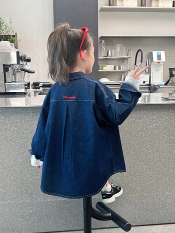 Дънкова риза за деца, корейски стил, дълги ръкави, яка с ревер, памучна смес