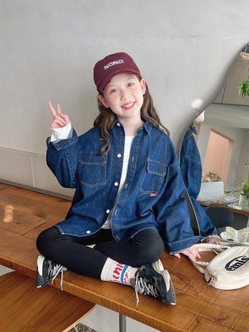 Дънкова риза за деца, корейски стил, дълги ръкави, яка с ревер, памучна смес