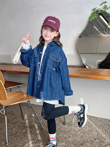 Дънкова риза за деца, корейски стил, дълги ръкави, яка с ревер, памучна смес