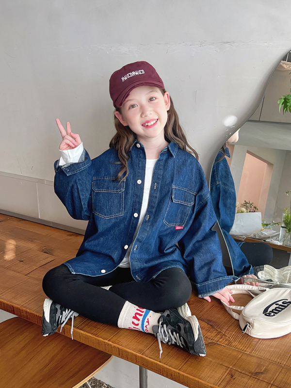 Дънкова риза за деца, корейски стил, дълги ръкави, яка с ревер, памучна смес