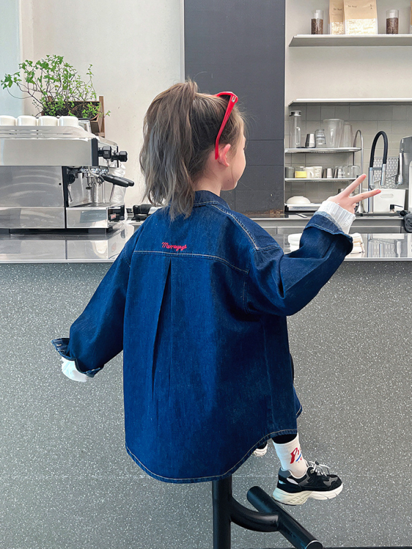 Дънкова риза за деца, корейски стил, дълги ръкави, яка с ревер, памучна смес