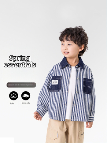Vaikų dryžuota marškiniai-jack stiliaus striukė, korėjietiško stiliaus, medvilnė/džinų mišinio audinys, pavasaris 2025, unisex, viengubas užsegimas, vaikams 3–8 metai