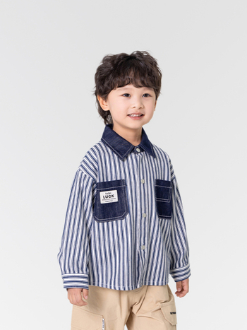 Vaikų dryžuota marškiniai-jack stiliaus striukė, korėjietiško stiliaus, medvilnė/džinų mišinio audinys, pavasaris 2025, unisex, viengubas užsegimas, vaikams 3–8 metai