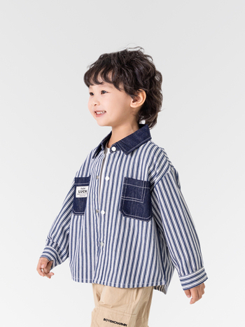 Vaikų dryžuota marškiniai-jack stiliaus striukė, korėjietiško stiliaus, medvilnė/džinų mišinio audinys, pavasaris 2025, unisex, viengubas užsegimas, vaikams 3–8 metai