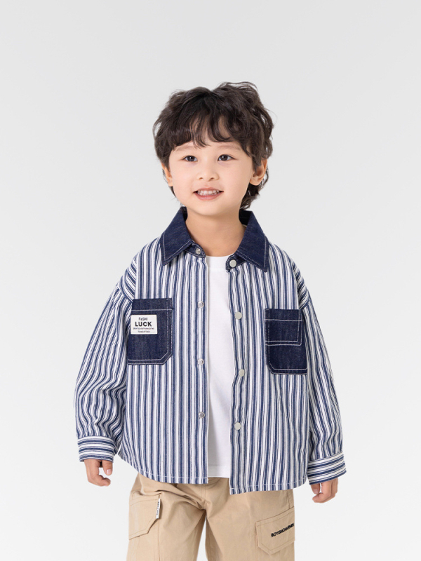 Vaikų dryžuota marškiniai-jack stiliaus striukė, korėjietiško stiliaus, medvilnė/džinų mišinio audinys, pavasaris 2025, unisex, viengubas užsegimas, vaikams 3–8 metai