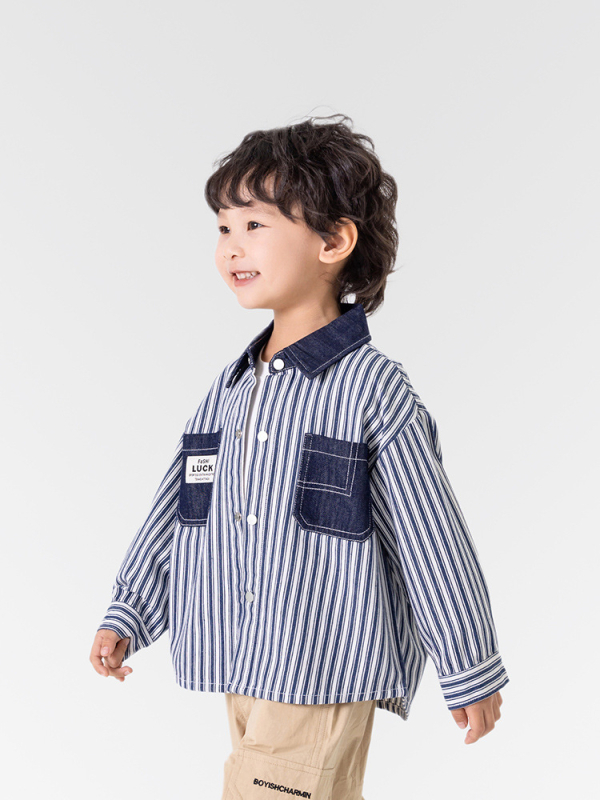 Vaikų dryžuota marškiniai-jack stiliaus striukė, korėjietiško stiliaus, medvilnė/džinų mišinio audinys, pavasaris 2025, unisex, viengubas užsegimas, vaikams 3–8 metai