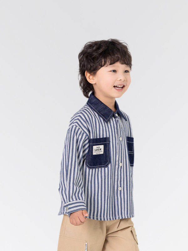 Vaikų dryžuota marškiniai-jack stiliaus striukė, korėjietiško stiliaus, medvilnė/džinų mišinio audinys, pavasaris 2025, unisex, viengubas užsegimas, vaikams 3–8 metai