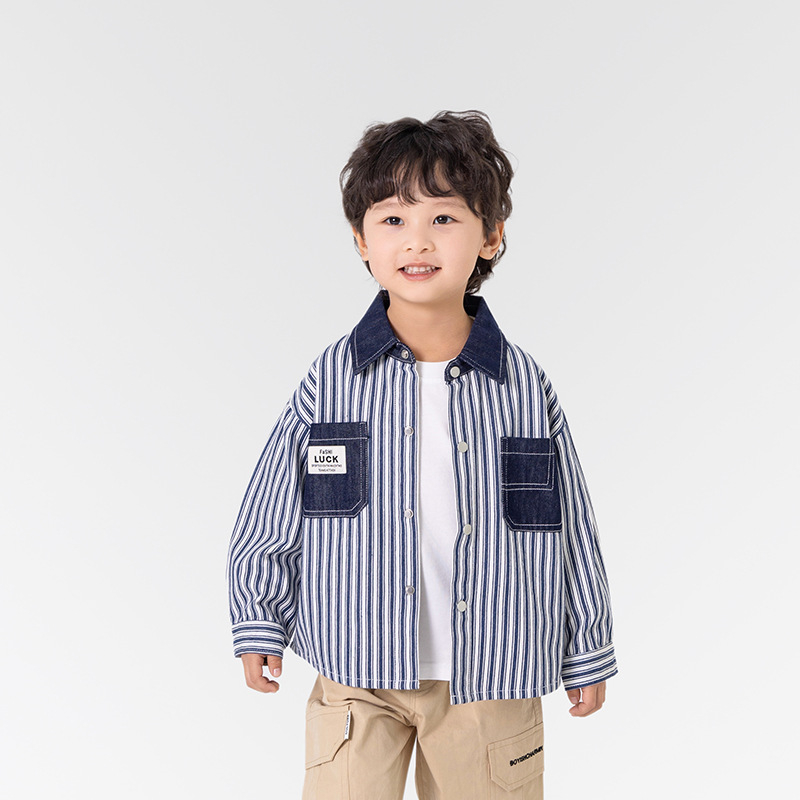Vaikų dryžuota marškiniai-jack stiliaus striukė, korėjietiško stiliaus, medvilnė/džinų mišinio audinys, pavasaris 2025, unisex, viengubas užsegimas, vaikams 3–8 metai