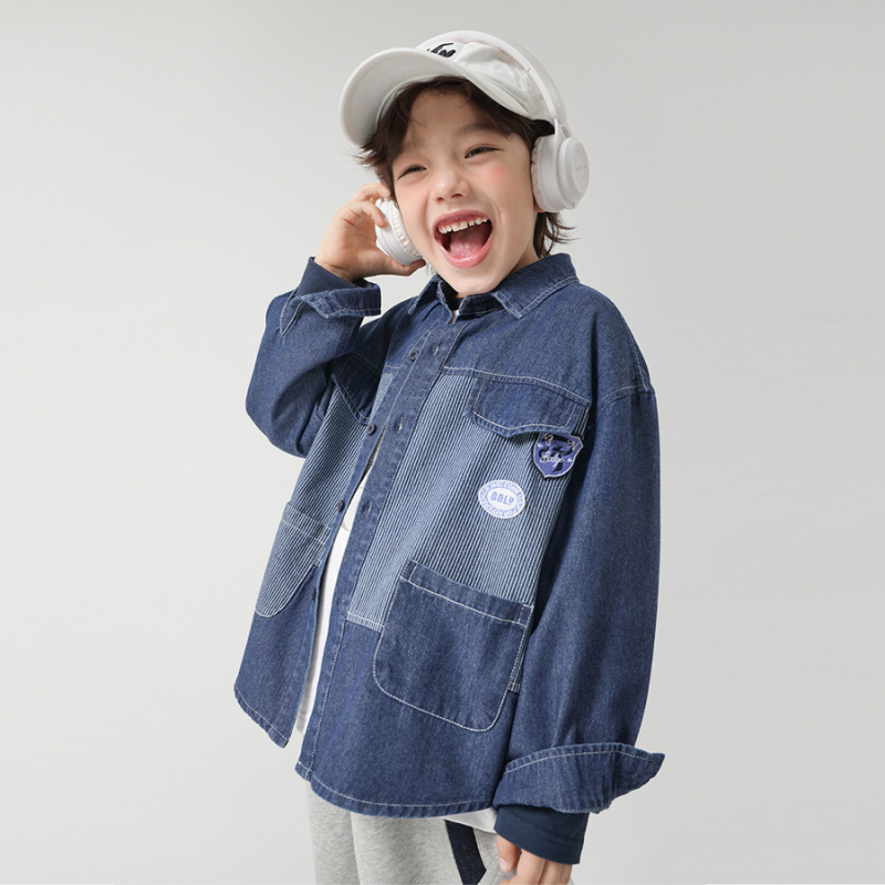 Дънкова риза за момчета, памучен бленд, дълги ръкави, яка с ревера, за пролет и есен