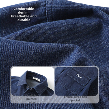 Berniukų džinsinis marškiniai-jakas, laisvalaikio stilius, atlapinė apykaklė, ilgos rankovės, raidžių raštas, medvilnės mišinio, pavasaris-ruduo 2025