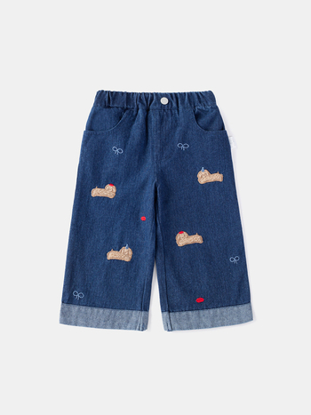 Jeans copii din denim – talie elastică, croi larg, model animale/desene animate, 63,7% bumbac, pentru fete 1–3 ani, primăvara 2025