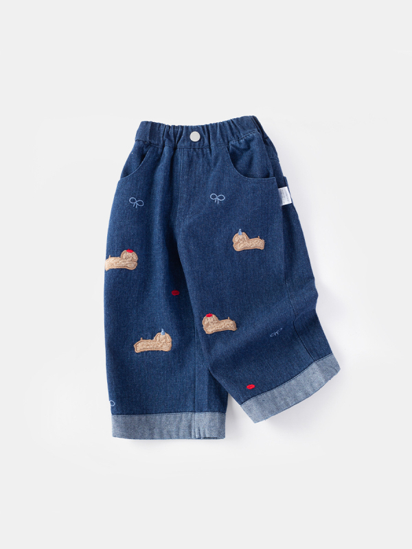 Jeans copii din denim – talie elastică, croi larg, model animale/desene animate, 63,7% bumbac, pentru fete 1–3 ani, primăvara 2025