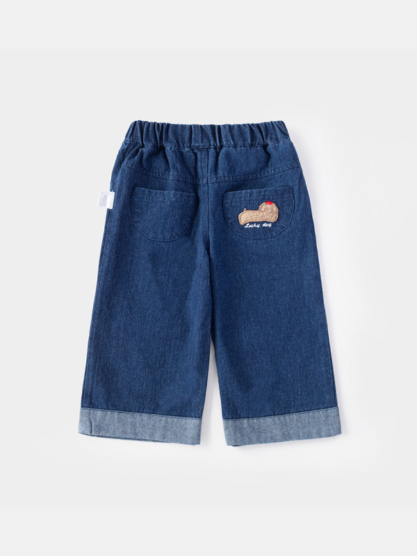 Jeans copii din denim – talie elastică, croi larg, model animale/desene animate, 63,7% bumbac, pentru fete 1–3 ani, primăvara 2025