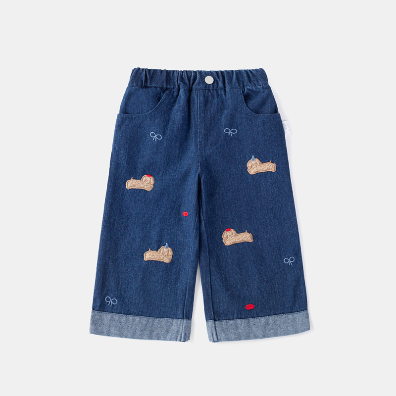 Jeans copii din denim – talie elastică, croi larg, model animale/desene animate, 63,7% bumbac, pentru fete 1–3 ani, primăvara 2025