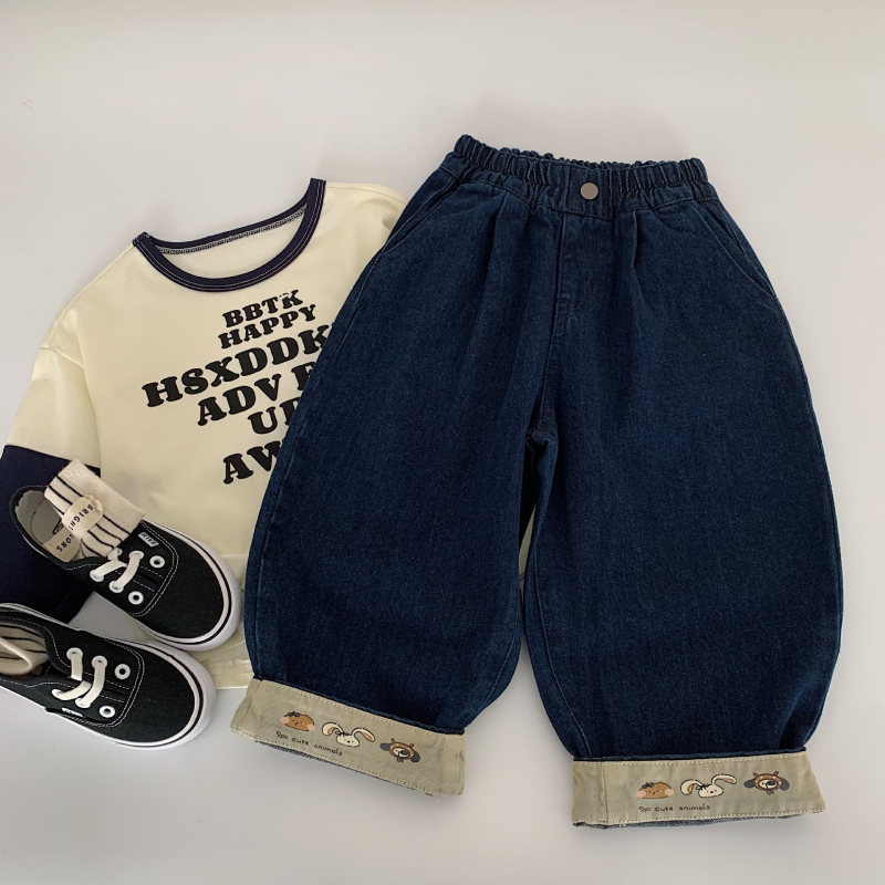 Dječje traperice, korejski stil, casual, karikaturni uzorak, 72,9% pamuka, srednji pojas s elastičnim pojasom