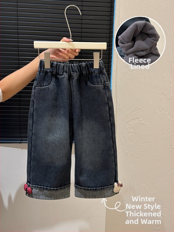 Tüdrukute teksapüksid fleecevoodriga, Korea stiilis, keskjoonel elastne vöö, karikatüürimuster, 3–8 aastat, sügis