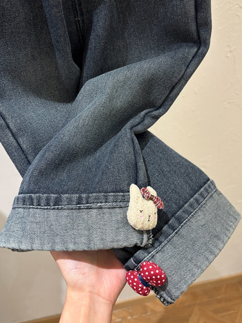 Tüdrukute teksapüksid fleecevoodriga, Korea stiilis, keskjoonel elastne vöö, karikatüürimuster, 3–8 aastat, sügis