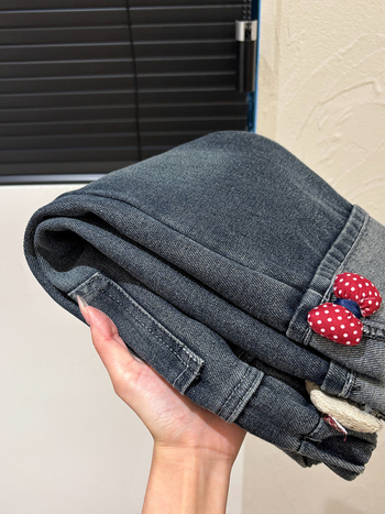 Tüdrukute teksapüksid fleecevoodriga, Korea stiilis, keskjoonel elastne vöö, karikatüürimuster, 3–8 aastat, sügis