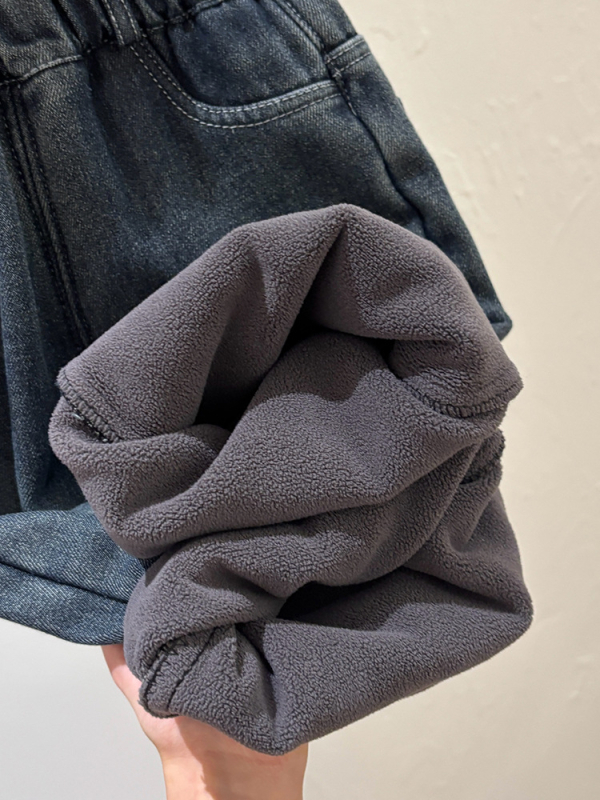 Tüdrukute teksapüksid fleecevoodriga, Korea stiilis, keskjoonel elastne vöö, karikatüürimuster, 3–8 aastat, sügis