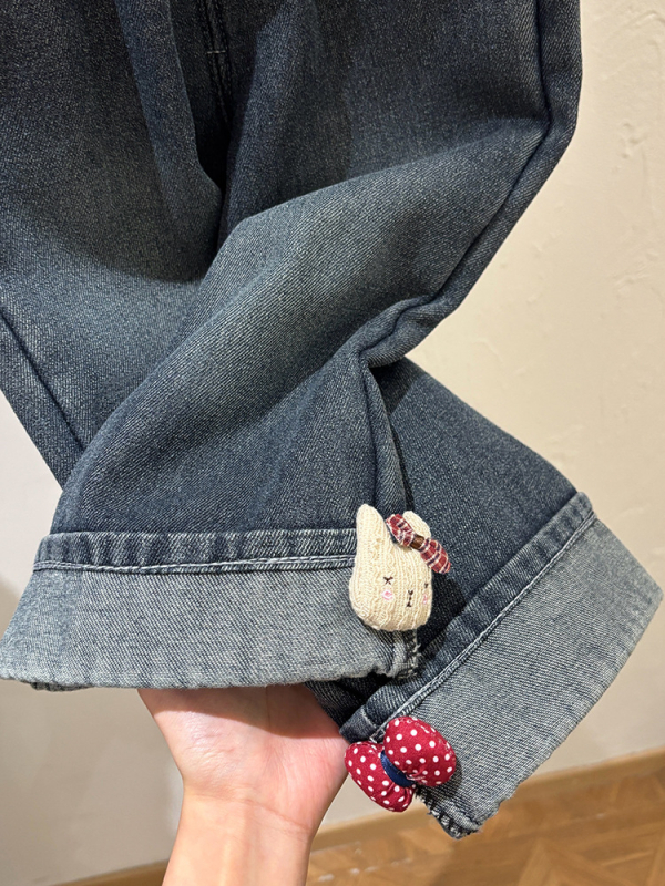 Tüdrukute teksapüksid fleecevoodriga, Korea stiilis, keskjoonel elastne vöö, karikatüürimuster, 3–8 aastat, sügis