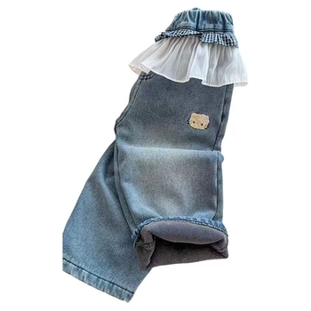 Jeans de iarnă pentru fete, căptușeală fleece, stil coreean, talie elastică, model desen animat, vârsta 1-3 ani