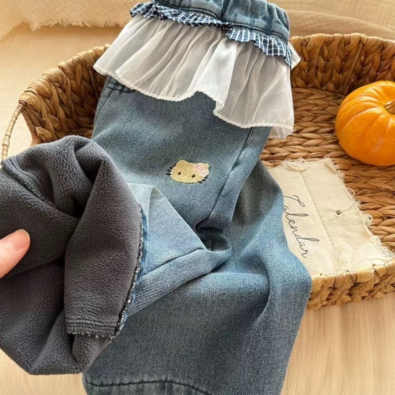 Jeans de iarnă pentru fete, căptușeală fleece, stil coreean, talie elastică, model desen animat, vârsta 1-3 ani