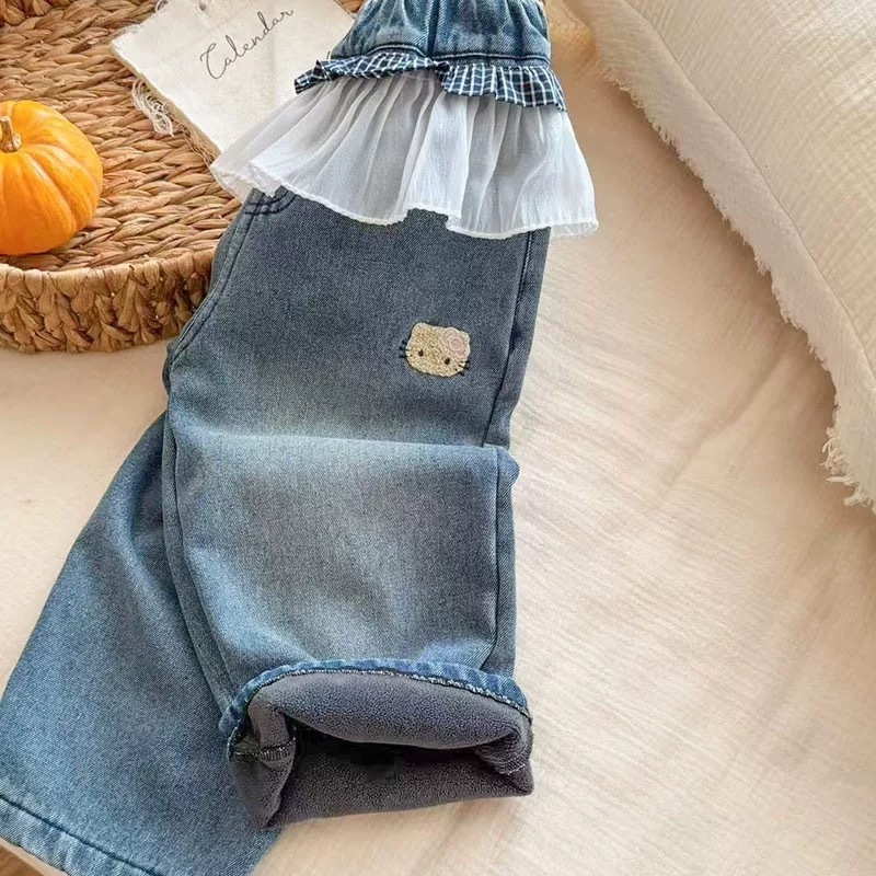 Jeans de iarnă pentru fete, căptușeală fleece, stil coreean, talie elastică, model desen animat, vârsta 1-3 ani