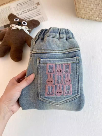 Dječje traperice s flis podstavom, debele, srednji struk s elastičnim pojasom, pamuk-denim tkanina, za proljeće i jesen, uzrast 3–8 godina