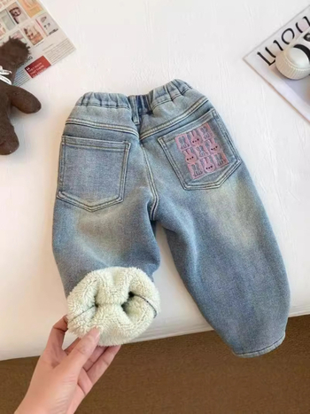 Dječje traperice s flis podstavom, debele, srednji struk s elastičnim pojasom, pamuk-denim tkanina, za proljeće i jesen, uzrast 3–8 godina