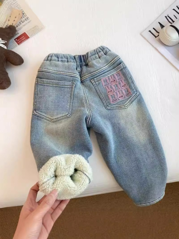Dječje traperice s flis podstavom, debele, srednji struk s elastičnim pojasom, pamuk-denim tkanina, za proljeće i jesen, uzrast 3–8 godina