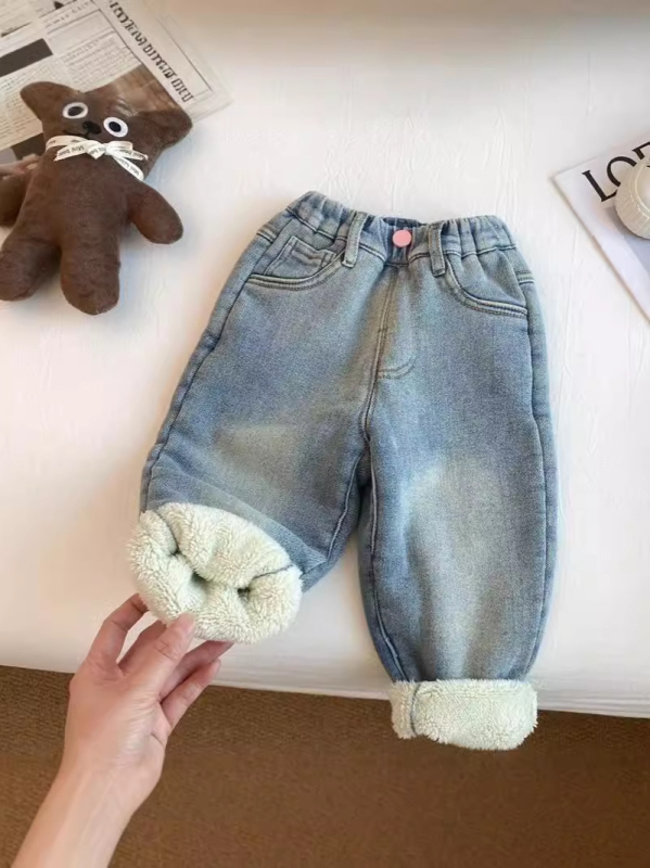 Dječje traperice s flis podstavom, debele, srednji struk s elastičnim pojasom, pamuk-denim tkanina, za proljeće i jesen, uzrast 3–8 godina