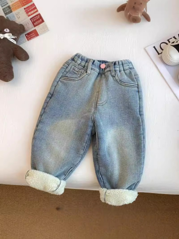 Dječje traperice s flis podstavom, debele, srednji struk s elastičnim pojasom, pamuk-denim tkanina, za proljeće i jesen, uzrast 3–8 godina