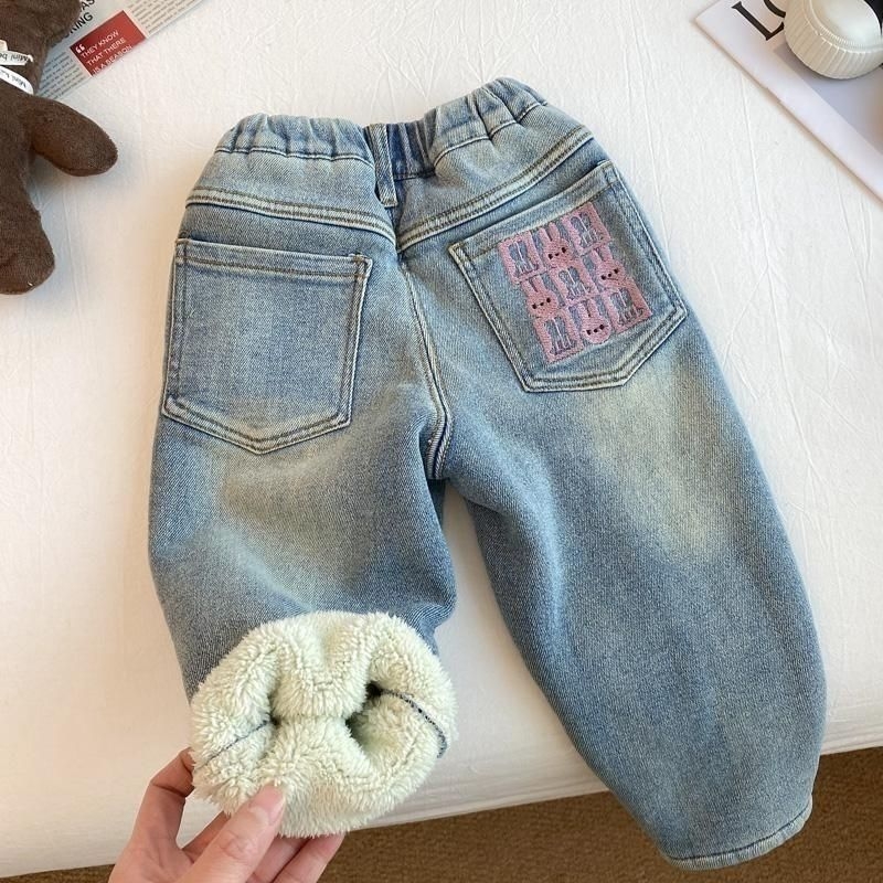 Dječje traperice s flis podstavom, debele, srednji struk s elastičnim pojasom, pamuk-denim tkanina, za proljeće i jesen, uzrast 3–8 godina