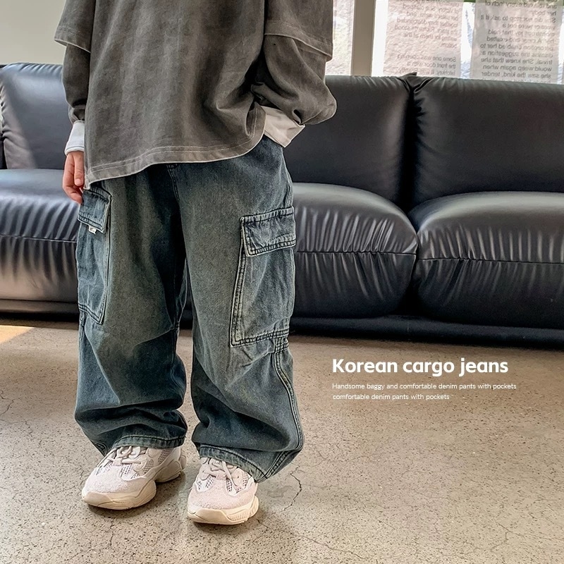 Dječje traperice, korejski stil, pamuk denim 75%, ravni kroj, za djecu 3–8 godina