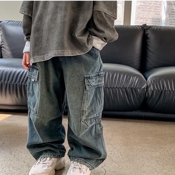 Детски дънки карго, корейски стил, памук 80%, средна талия, унисекс, пролет и есен