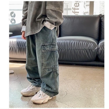 Детски дънки карго, корейски стил, памук 80%, средна талия, унисекс, пролет и есен