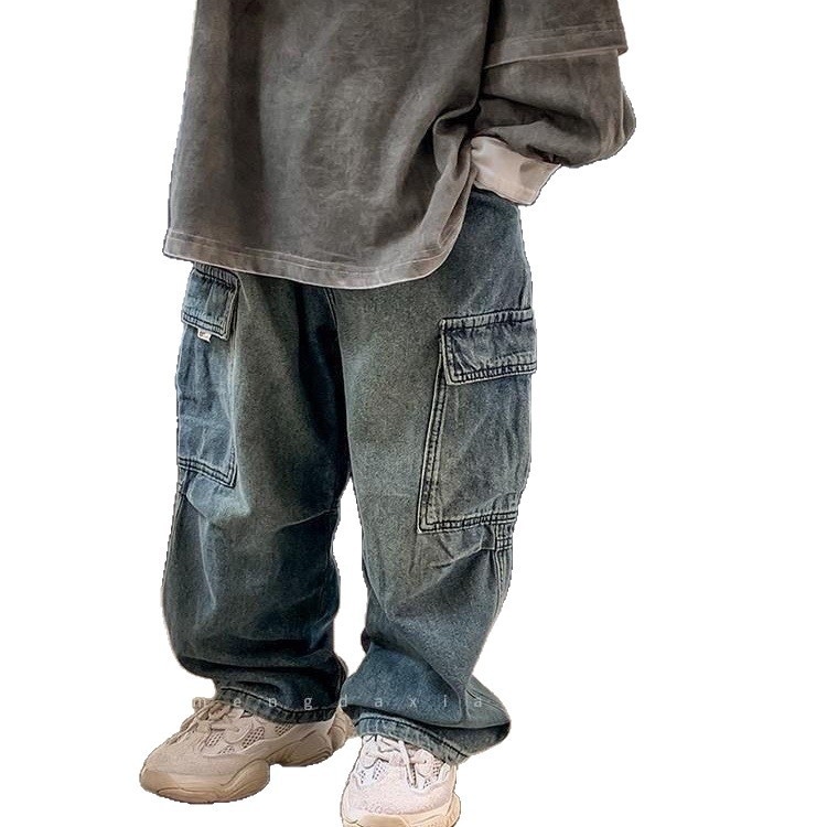 Детски дънки карго, корейски стил, памук 80%, средна талия, унисекс, пролет и есен