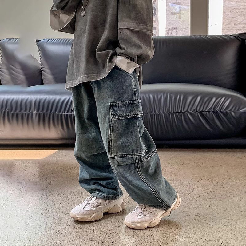 Детски дънки карго, корейски стил, памук 80%, средна талия, унисекс, пролет и есен