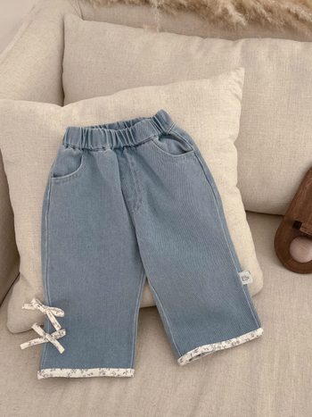 Pantaloni pentru fetițe, bumbac moale, detaliu funda, croială lejeră dreaptă, talie elastică medie, pentru vârsta 1–3 ani