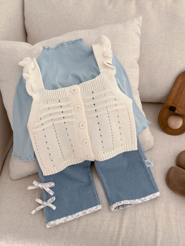 Pantaloni pentru fetițe, bumbac moale, detaliu funda, croială lejeră dreaptă, talie elastică medie, pentru vârsta 1–3 ani