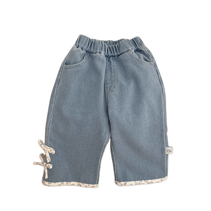 Pantaloni pentru fetițe, bumbac moale, detaliu funda, croială lejeră dreaptă, talie elastică medie, pentru vârsta 1–3 ani