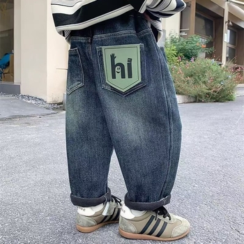 Dječje traperice za dječake, denim, korejski stil casual, s fleecem iznutra, zima 2024, srednji pojas, elastična guma u struku