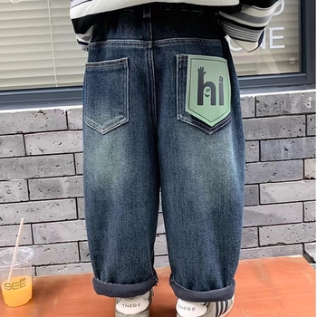 Dječje traperice za dječake, denim, korejski stil casual, s fleecem iznutra, zima 2024, srednji pojas, elastična guma u struku