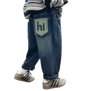 Dječje traperice za dječake, denim, korejski stil casual, s fleecem iznutra, zima 2024, srednji pojas, elastična guma u struku